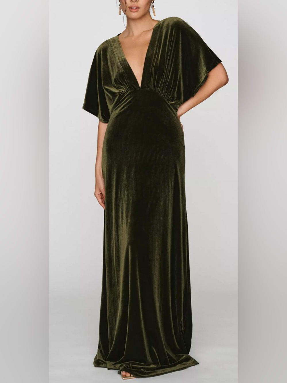 NWT BHLDN Amelia Deep-V Stretch Velvet Maxi Dress in Olive Size S